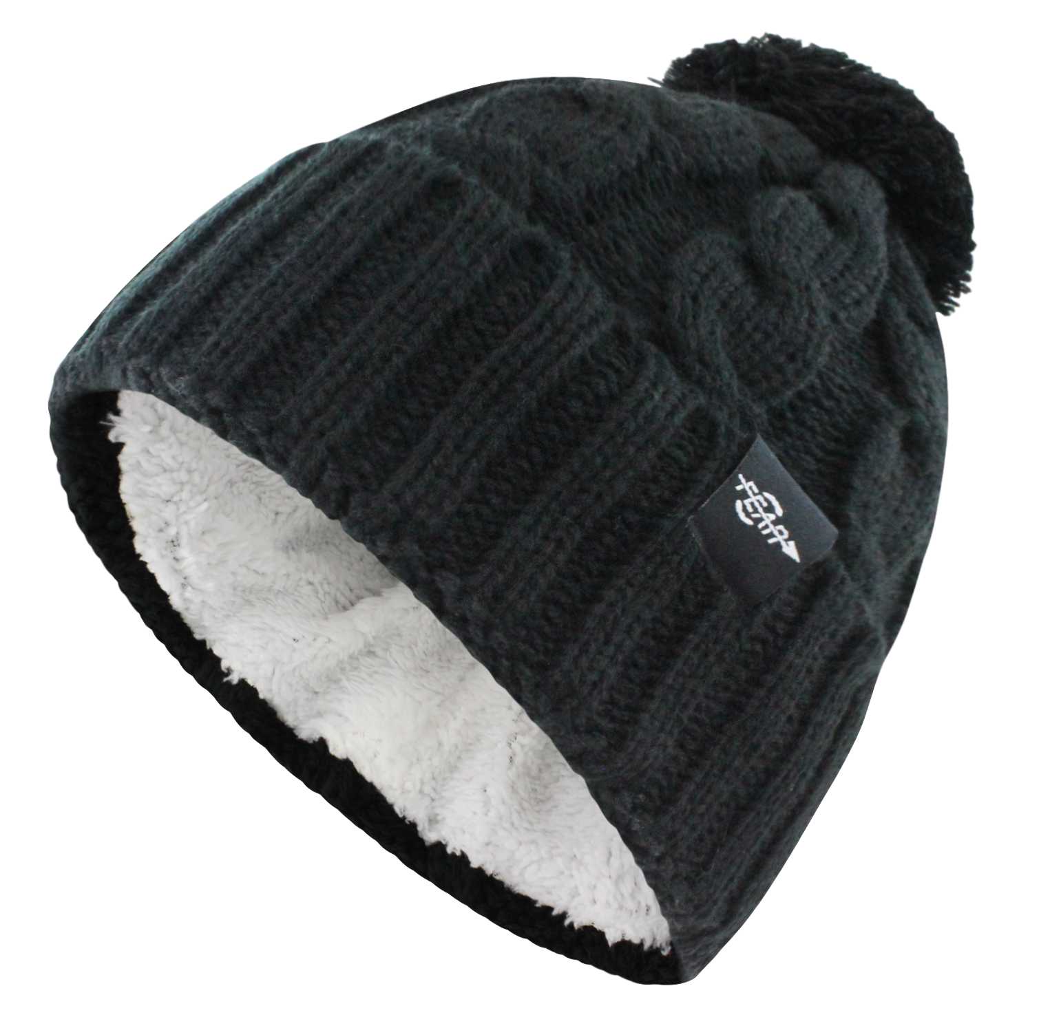 Fear0 NJ Warmest Black/Gray/White Plush Insulated Knit Cable Pom Pom Beanie Hat Fear0